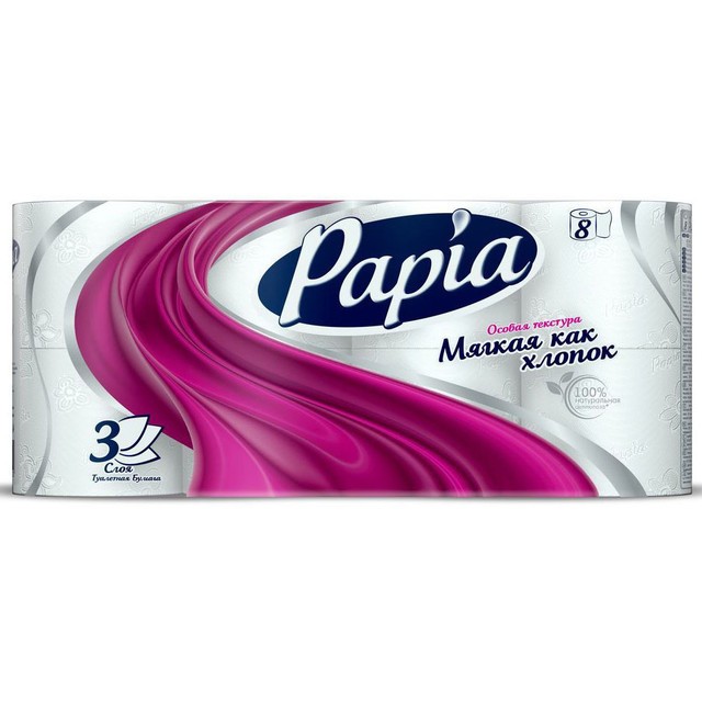 Туалетная бумага  PAPIA белая трёхслойная, 8 шт